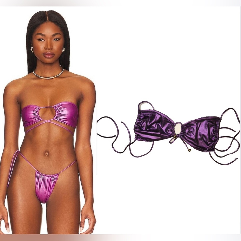 Monica Hansen Metallic Purple Bandeau Bikini Top Ring Detail Swim NWT M